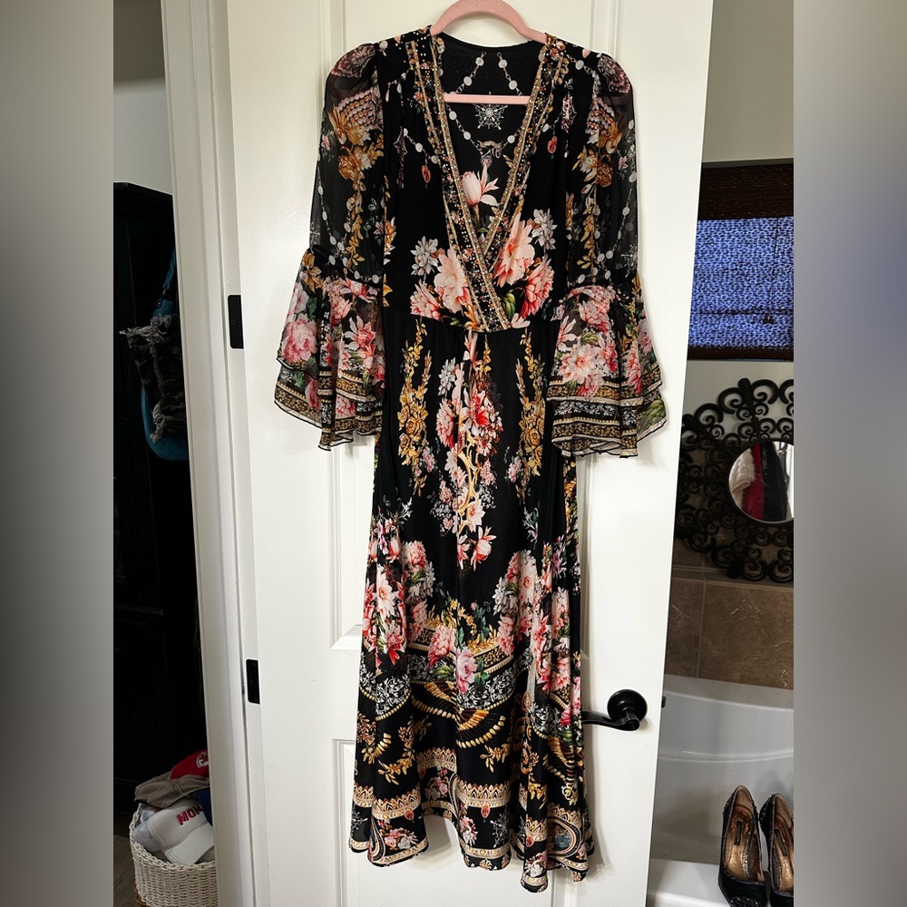 Chic Black Floral Long Sleeve Silk Dress - Picture 14 of 15